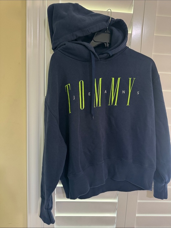 Tommy Hilfiger Tops - Tommy Hilfiger Navy Crewneck Hoodie with Neon Yellow Logo